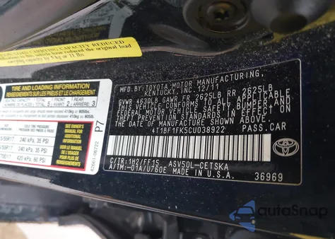 2012 Toyota Camry Se from USA, damaged, VIN 4T1BF1FK5CU038922